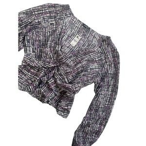 NWT EXPRESS Women Purple Black Plaid Print Twist Peplum Blouse‎ Sz L WrinkleFree